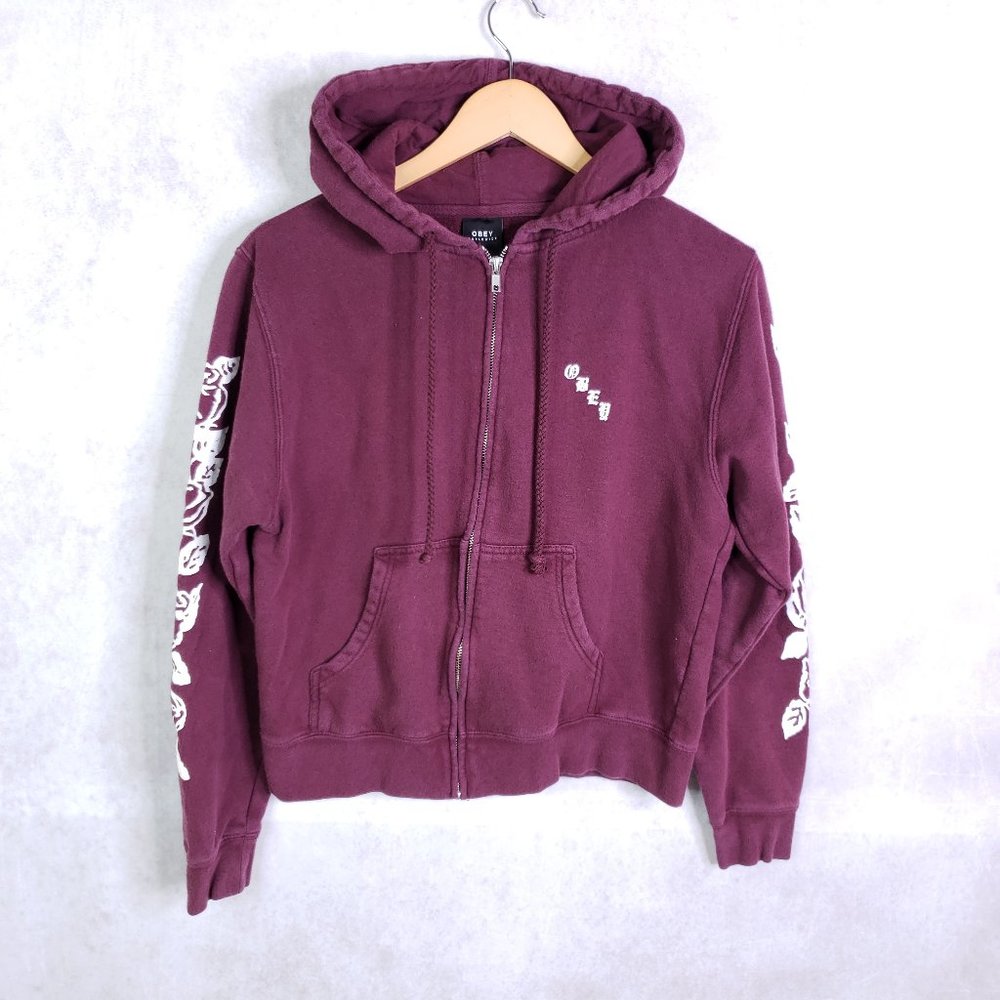 Obey Worldwide Women's Size M Maroon Full Zip Rose Graphic Sleeve Hoodie